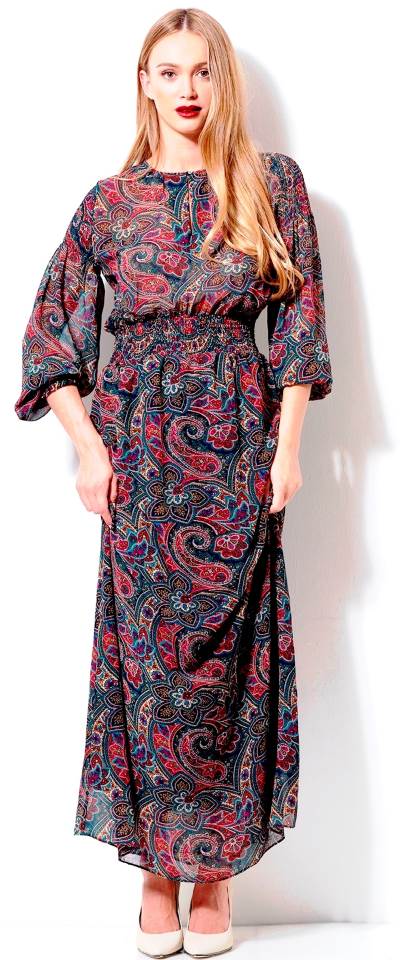 "שמלת מקסי אפורה עם הדפס פייזלי אדום". זיפ|צילום: עדי לביא